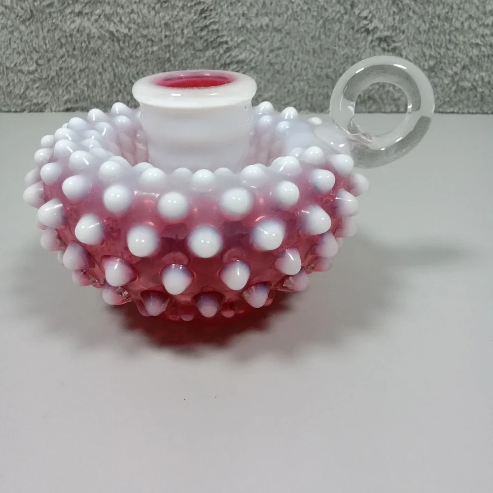 Vintage Cranberry Opalescent Hobnail Glass Candle Holder Chamberstick Pink White